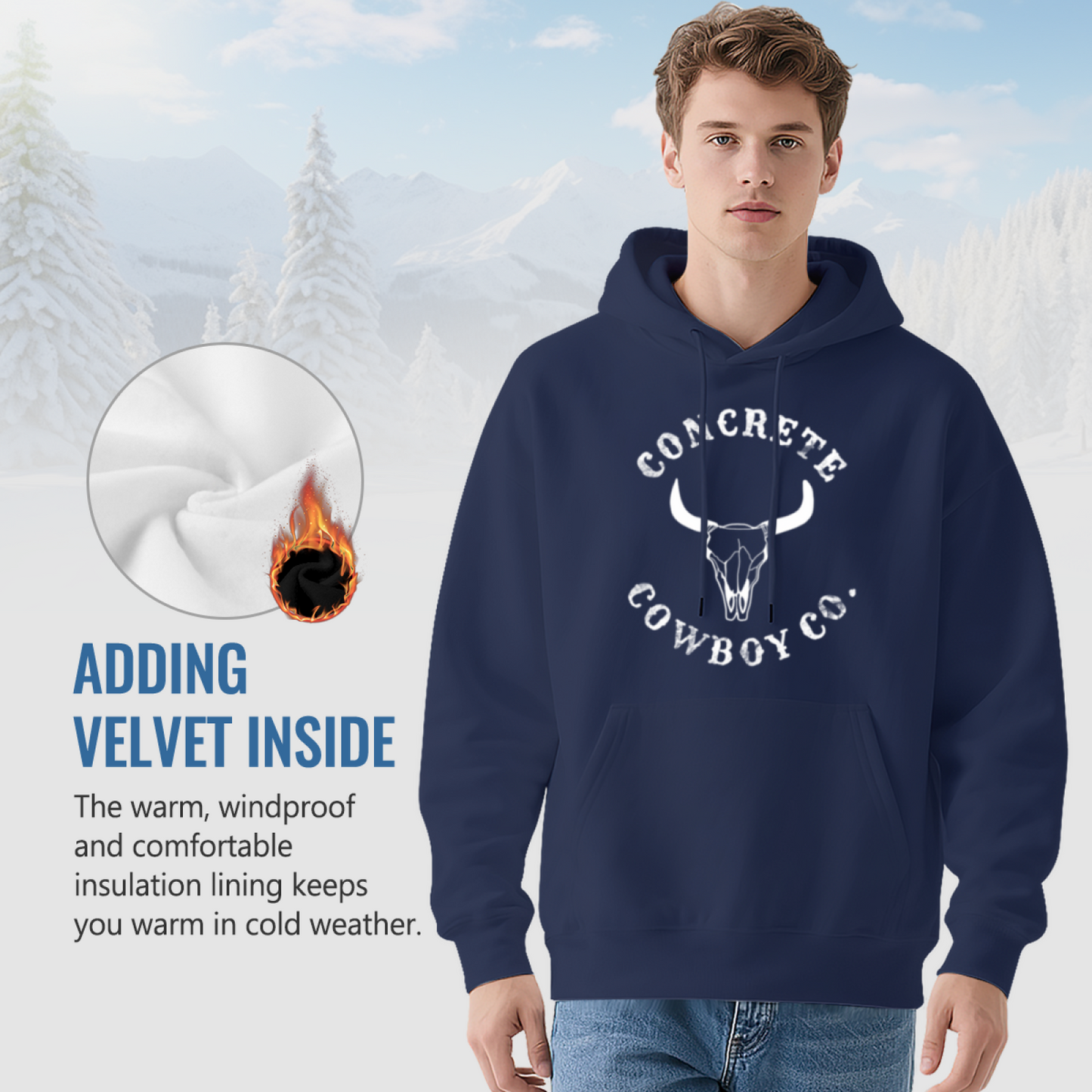 Vintage Concrete Cowboy Co Bull Skull Navy Hoodie, Men¡¯s Cozy Western Style Top