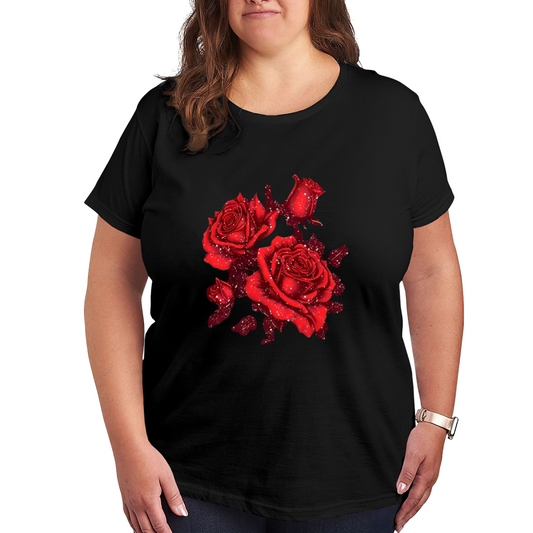 Glowing Red Rose Glitter Dark Background Plus Size Women¡¯s Printed T-Shirt