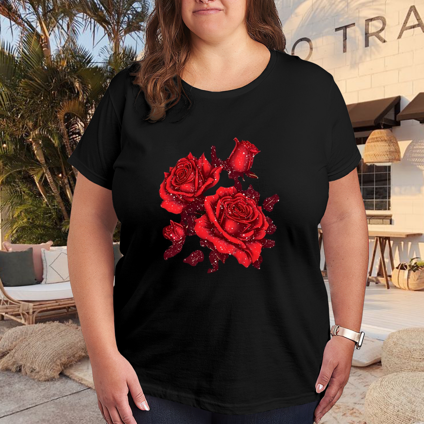 Glowing Red Rose Glitter Dark Background Plus Size Women¡¯s Printed T-Shirt