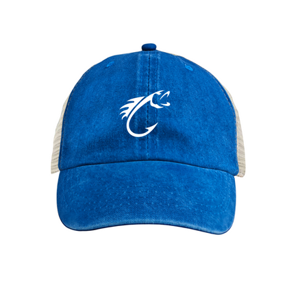 Fish Hook Angler Graphic Royal Blue Distressed Mesh Trucker Hat, Outdoor Fishing Breathable Summer Cap