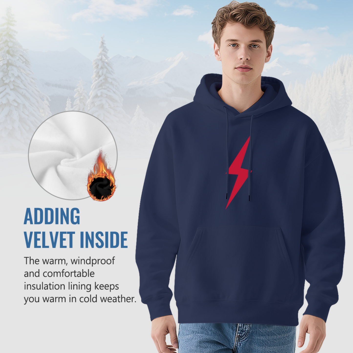 Minimal Red Lightning Logo Navy Hoodie, Simple Stylish Comfort Daily Hoodie For Men