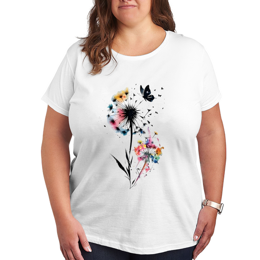 Watercolor Dandelion & Butterfly Art Big Size Women Tee