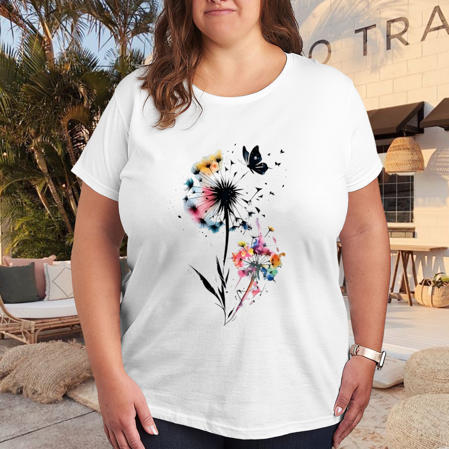 Watercolor Dandelion & Butterfly Art Big Size Women Tee