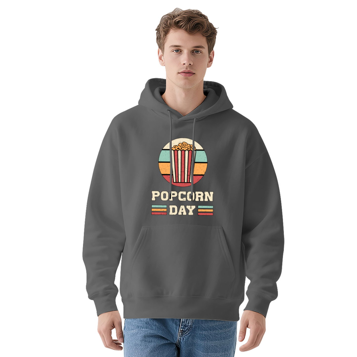 Retro Popcorn Day Vintage Circle Graphic Black Hoodie, Cozy Movie Lover Pullover
