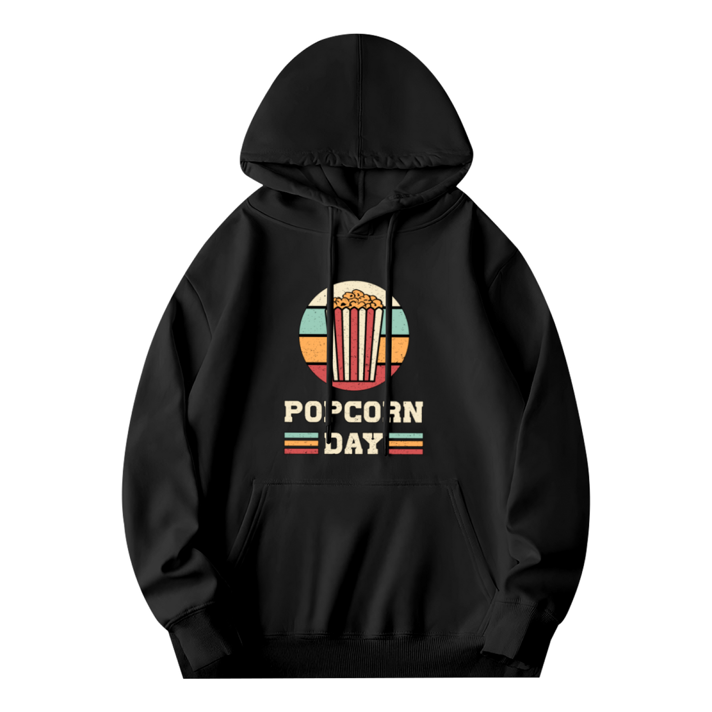Retro Popcorn Day Vintage Circle Graphic Black Hoodie, Cozy Movie Lover Pullover