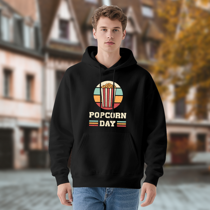Retro Popcorn Day Vintage Circle Graphic Black Hoodie, Cozy Movie Lover Pullover