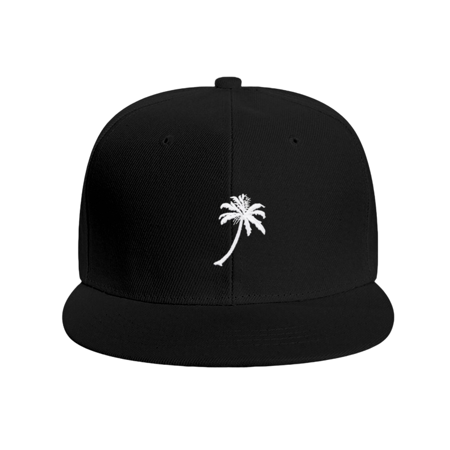 Minimal Palm Tree Graphic Black Flat Brim Snapback Sun Hat, Tropical Beach Streetwear Cap