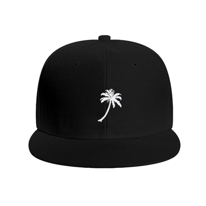 Minimal Palm Tree Graphic Black Flat Brim Snapback Sun Hat, Tropical Beach Streetwear Cap