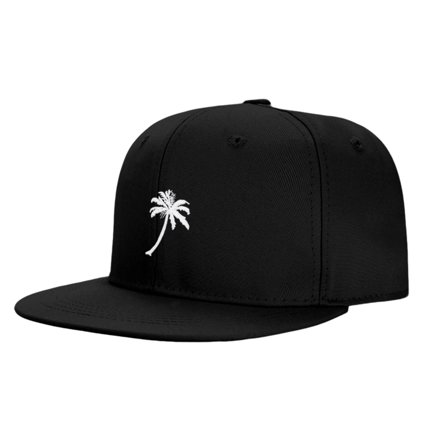 Minimal Palm Tree Graphic Black Flat Brim Snapback Sun Hat, Tropical Beach Streetwear Cap