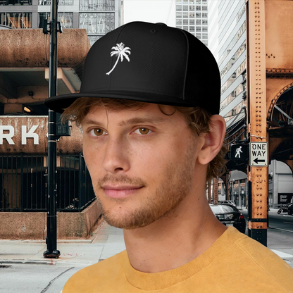 Minimal Palm Tree Graphic Black Flat Brim Snapback Sun Hat, Tropical Beach Streetwear Cap