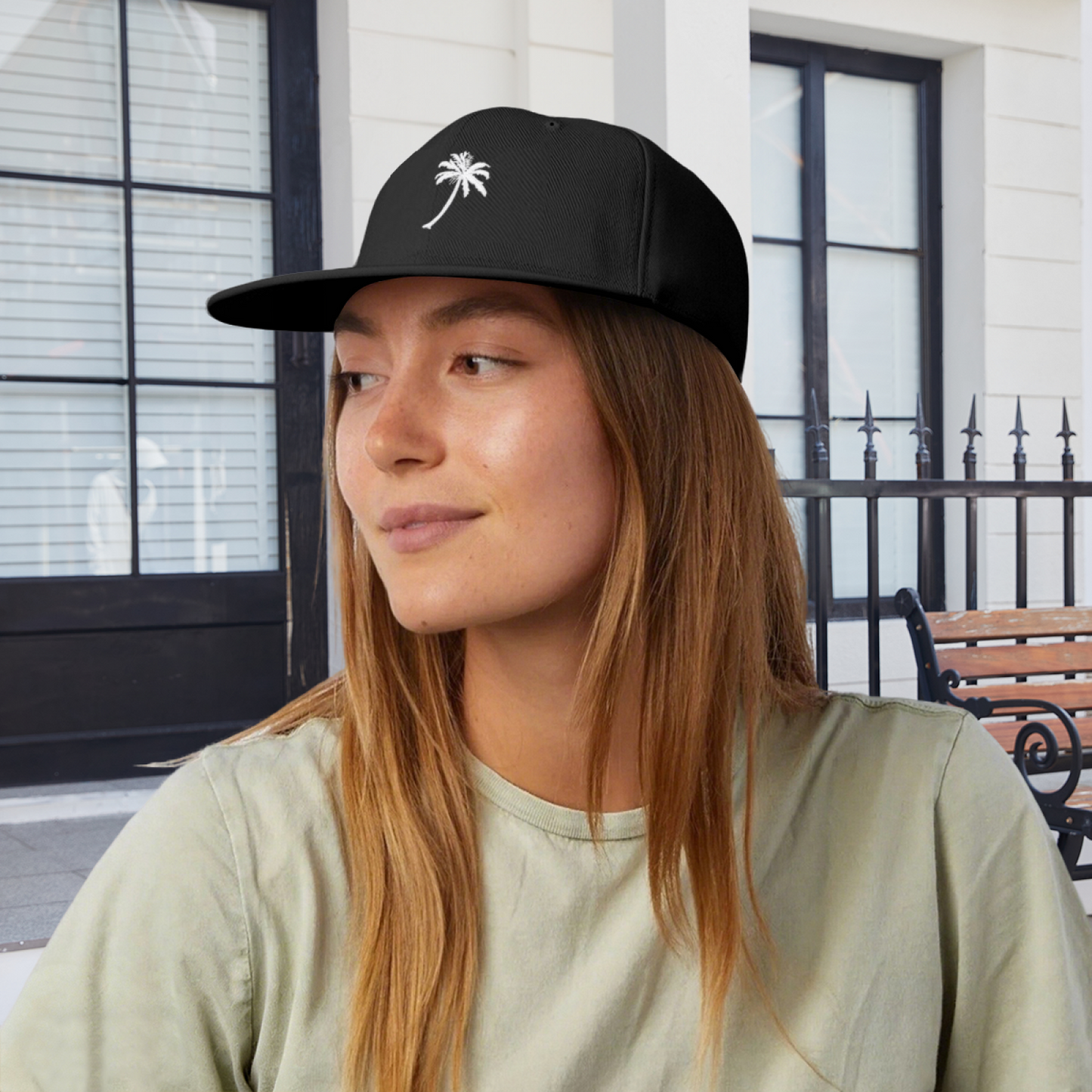 Minimal Palm Tree Graphic Black Flat Brim Snapback Sun Hat, Tropical Beach Streetwear Cap