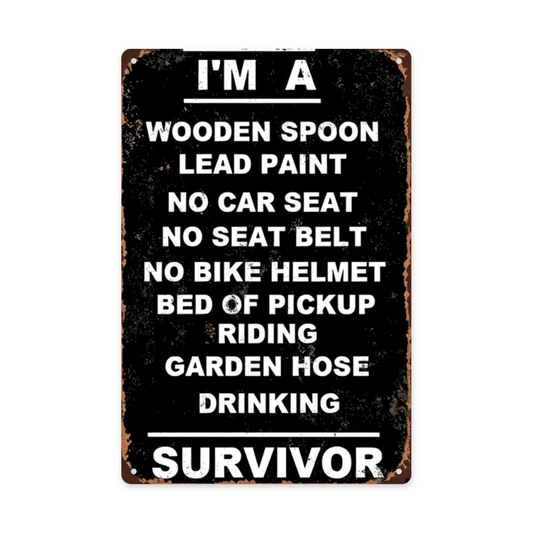 Funny Retro Childhood Survivor Distressed Metal Tin Sign Nostalgic Humor Wall Plaque