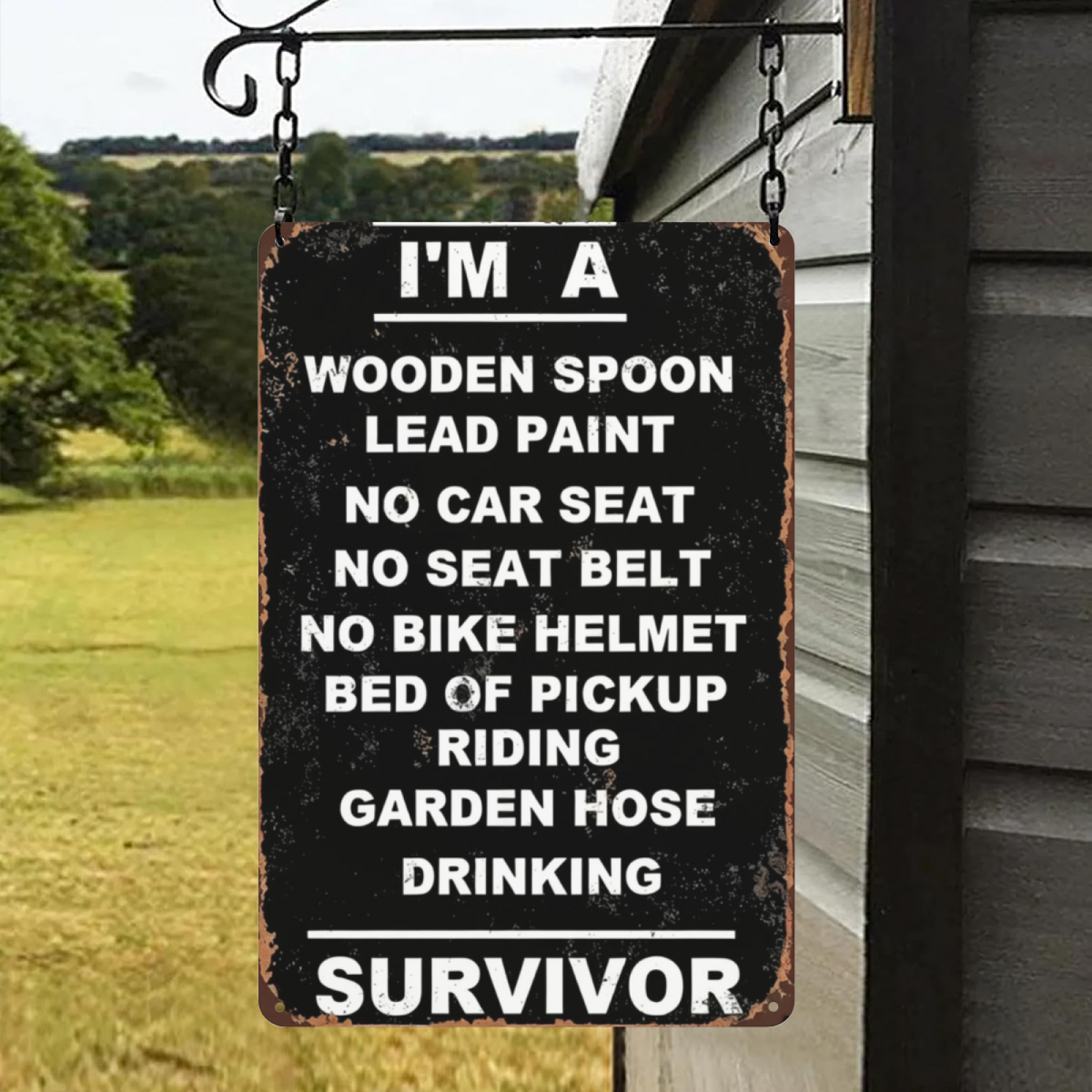 Funny Retro Childhood Survivor Distressed Metal Tin Sign Nostalgic Humor Wall Plaque