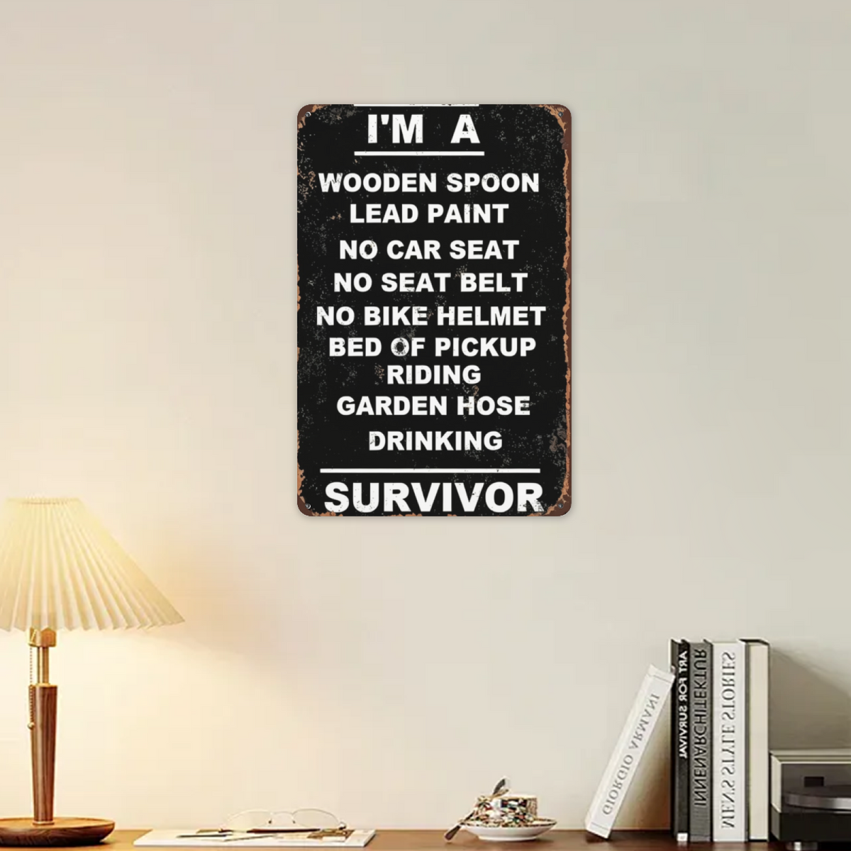 Funny Retro Childhood Survivor Distressed Metal Tin Sign Nostalgic Humor Wall Plaque