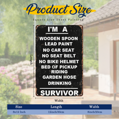 Funny Retro Childhood Survivor Distressed Metal Tin Sign Nostalgic Humor Wall Plaque