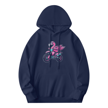 Cool Flamingo Riding Motorcycle Vibrant Graphic Soft Hoodie, Trendy Casual