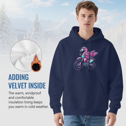 Cool Flamingo Riding Motorcycle Vibrant Graphic Soft Hoodie, Trendy Casual