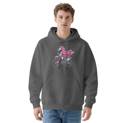 Cool Flamingo Riding Motorcycle Vibrant Graphic Soft Hoodie, Trendy Casual