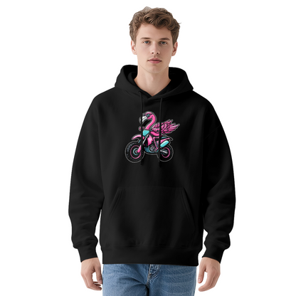 Cool Flamingo Riding Motorcycle Vibrant Graphic Soft Hoodie, Trendy Casual