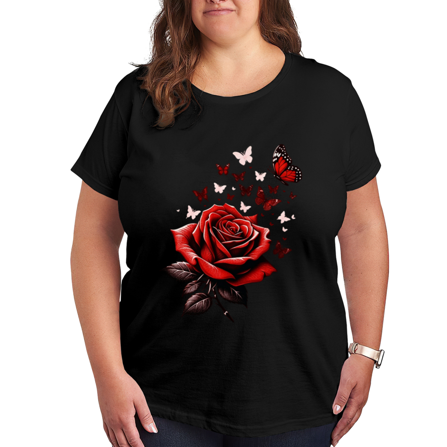 Classic Red Rose & Red Monarch Butterflies Romantic Print Plus Size Women Printed T-Shirt