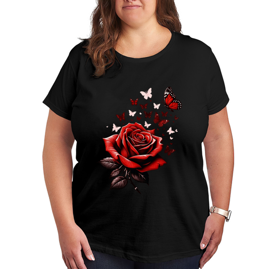 Classic Red Rose & Red Monarch Butterflies Romantic Print Plus Size Women Printed T-Shirt