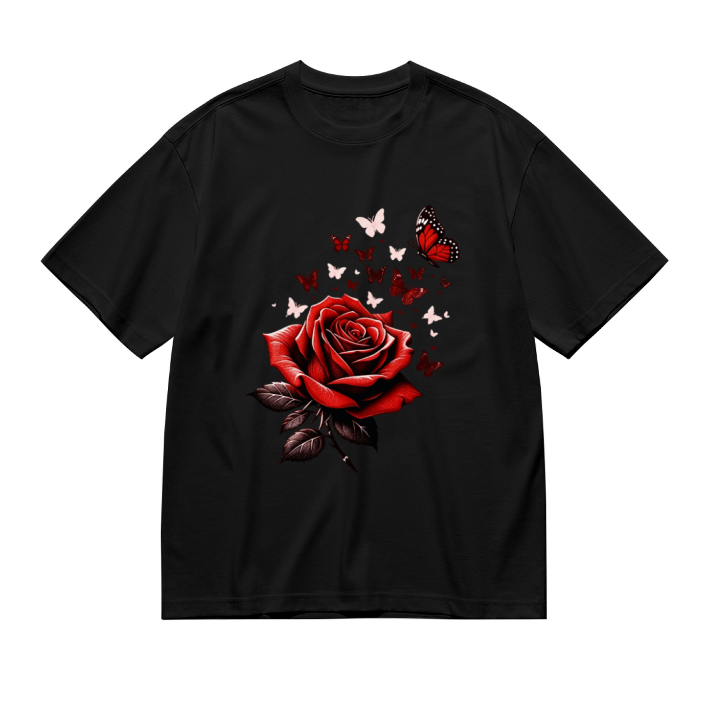 Classic Red Rose & Red Monarch Butterflies Romantic Print Plus Size Women Printed T-Shirt