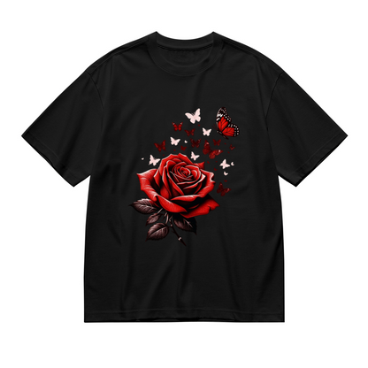 Classic Red Rose & Red Monarch Butterflies Romantic Print Plus Size Women Printed T-Shirt