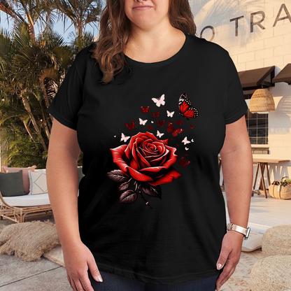 Classic Red Rose & Red Monarch Butterflies Romantic Print Plus Size Women Printed T-Shirt