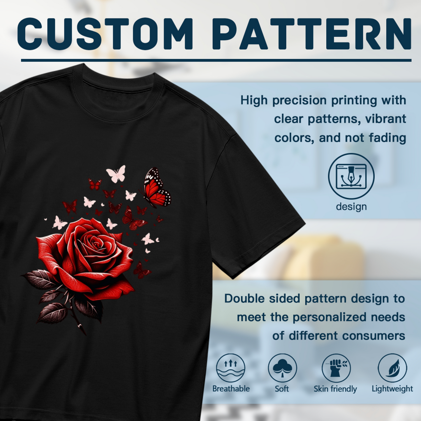 Classic Red Rose & Red Monarch Butterflies Romantic Print Plus Size Women Printed T-Shirt