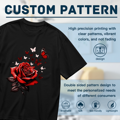 Classic Red Rose & Red Monarch Butterflies Romantic Print Plus Size Women Printed T-Shirt
