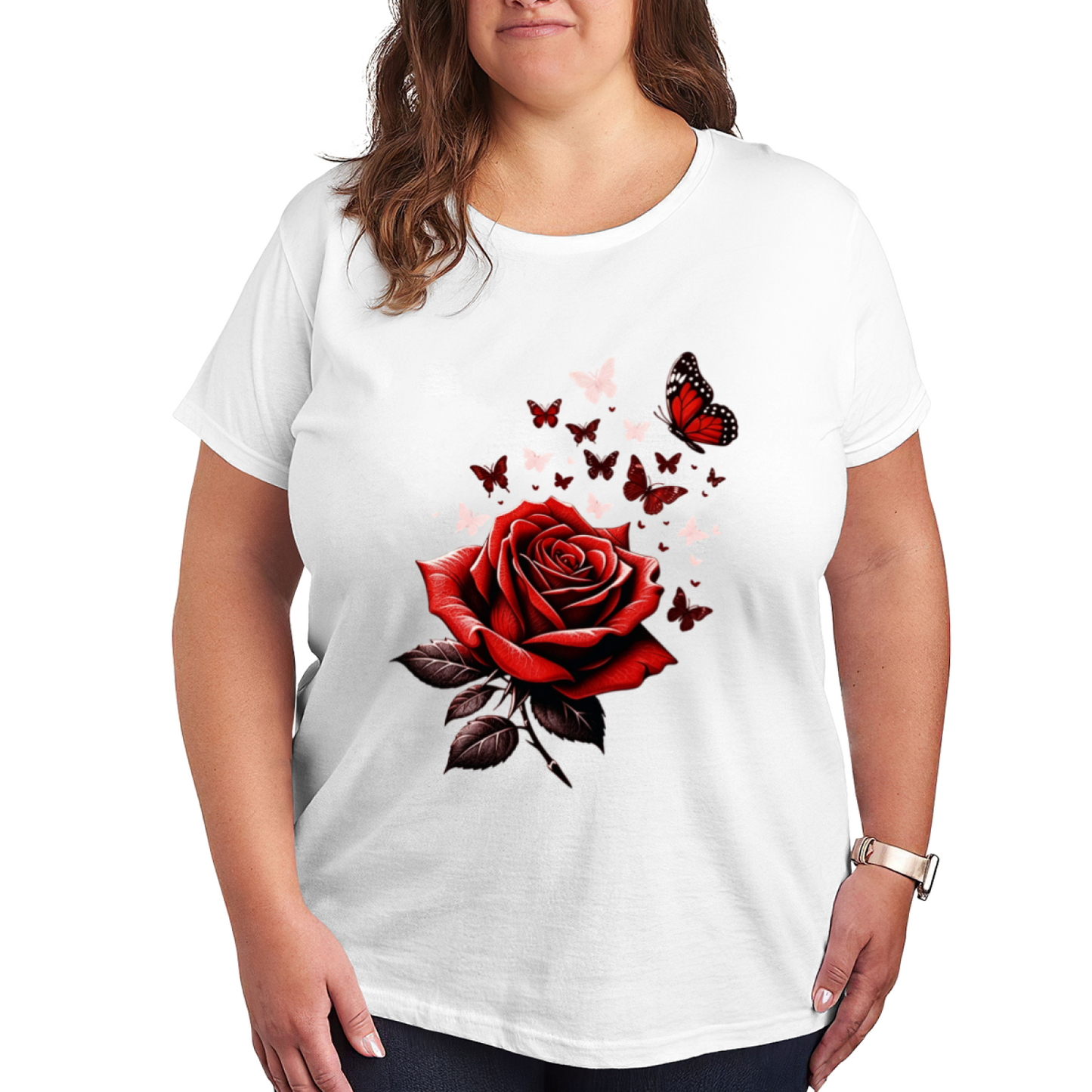 Classic Red Rose & Red Monarch Butterflies Romantic Print Plus Size Women Printed T-Shirt