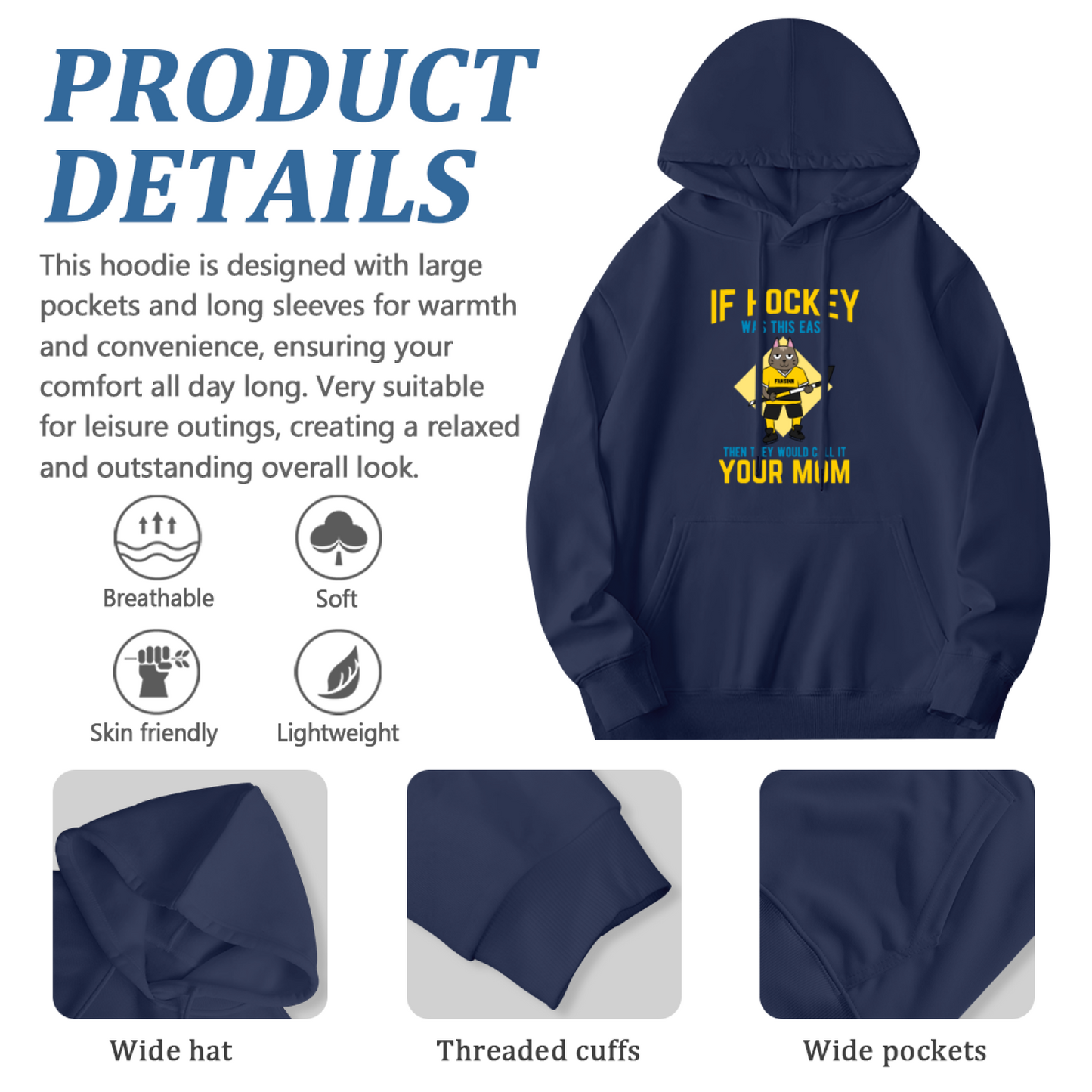 If Hockey Was This Easy Funny Hockey Cartoon Navy Hoodie, Sport Fan Soft Outfit