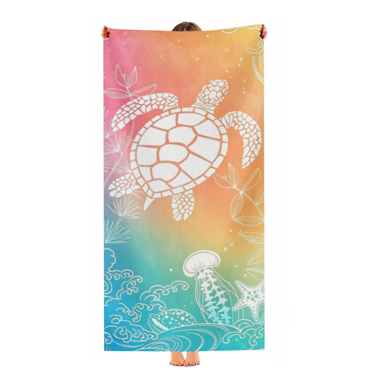 Gradient Sea Turtle Jellyfish Marine Print Beach Towel, Gentle Soft Texture & Super Absorbent, Full Range of Sizes for Comfortable Seaside Holiday Moments
