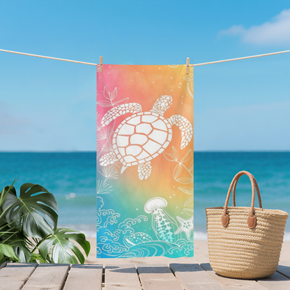 Gradient Sea Turtle Jellyfish Marine Print Beach Towel, Gentle Soft Texture & Super Absorbent, Full Range of Sizes for Comfortable Seaside Holiday Moments