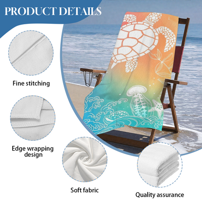 Gradient Sea Turtle Jellyfish Marine Print Beach Towel, Gentle Soft Texture & Super Absorbent, Full Range of Sizes for Comfortable Seaside Holiday Moments