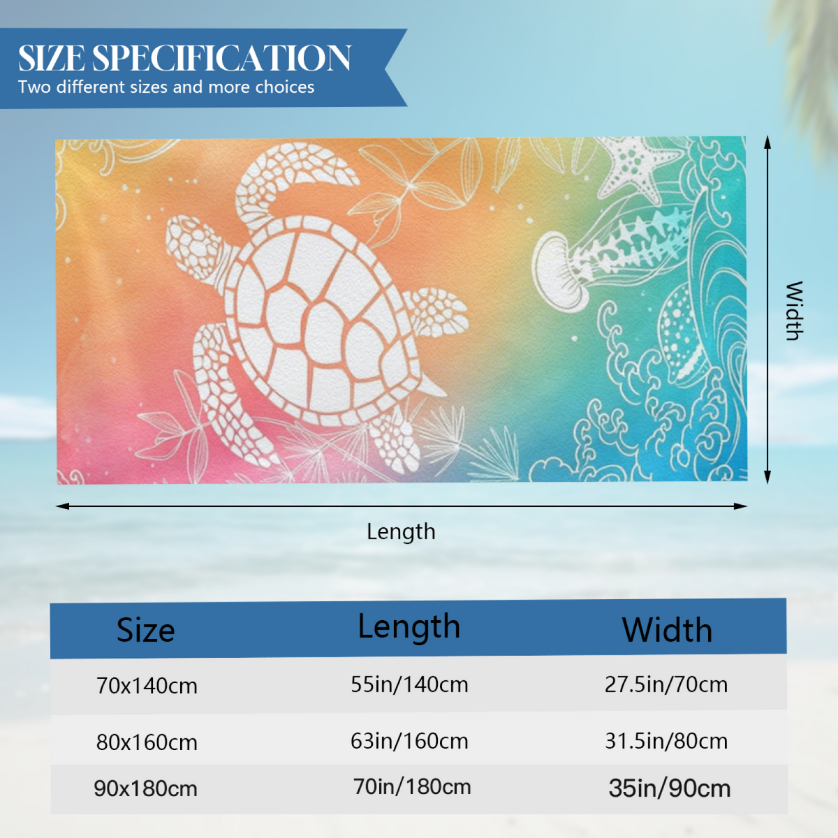 Gradient Sea Turtle Jellyfish Marine Print Beach Towel, Gentle Soft Texture & Super Absorbent, Full Range of Sizes for Comfortable Seaside Holiday Moments