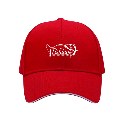 Vintage Fishing Rod & Bass Fish Red Sandwich Visor Baseball Cap, Angler Outdoor Sun Hat