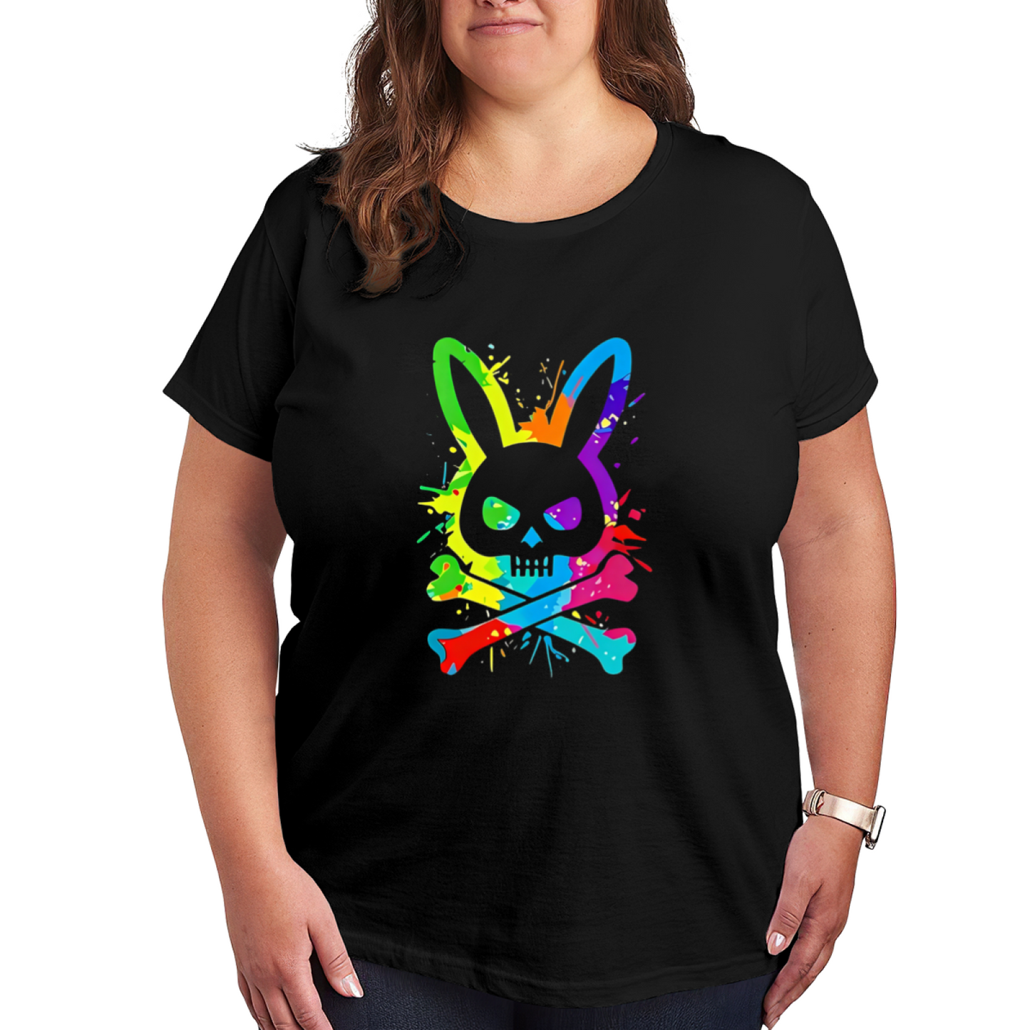 Rainbow Splash Bunny Skull Punk Cool Plus Size Women¡¯s Printed T-Shirt
