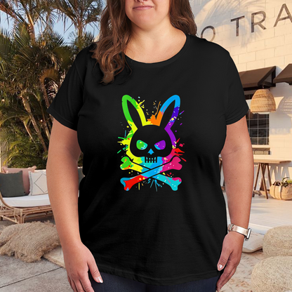 Rainbow Splash Bunny Skull Punk Cool Plus Size Women¡¯s Printed T-Shirt