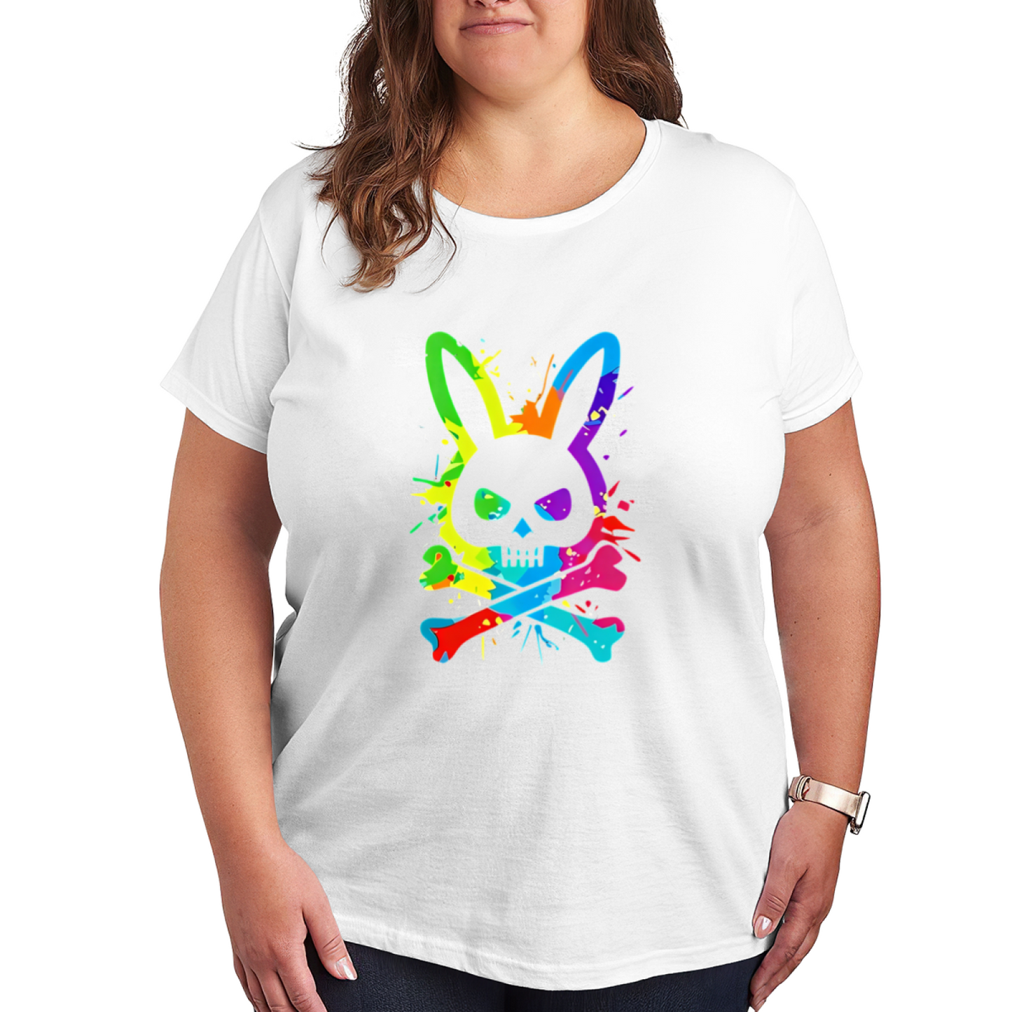 Rainbow Splash Bunny Skull Punk Cool Plus Size Women¡¯s Printed T-Shirt