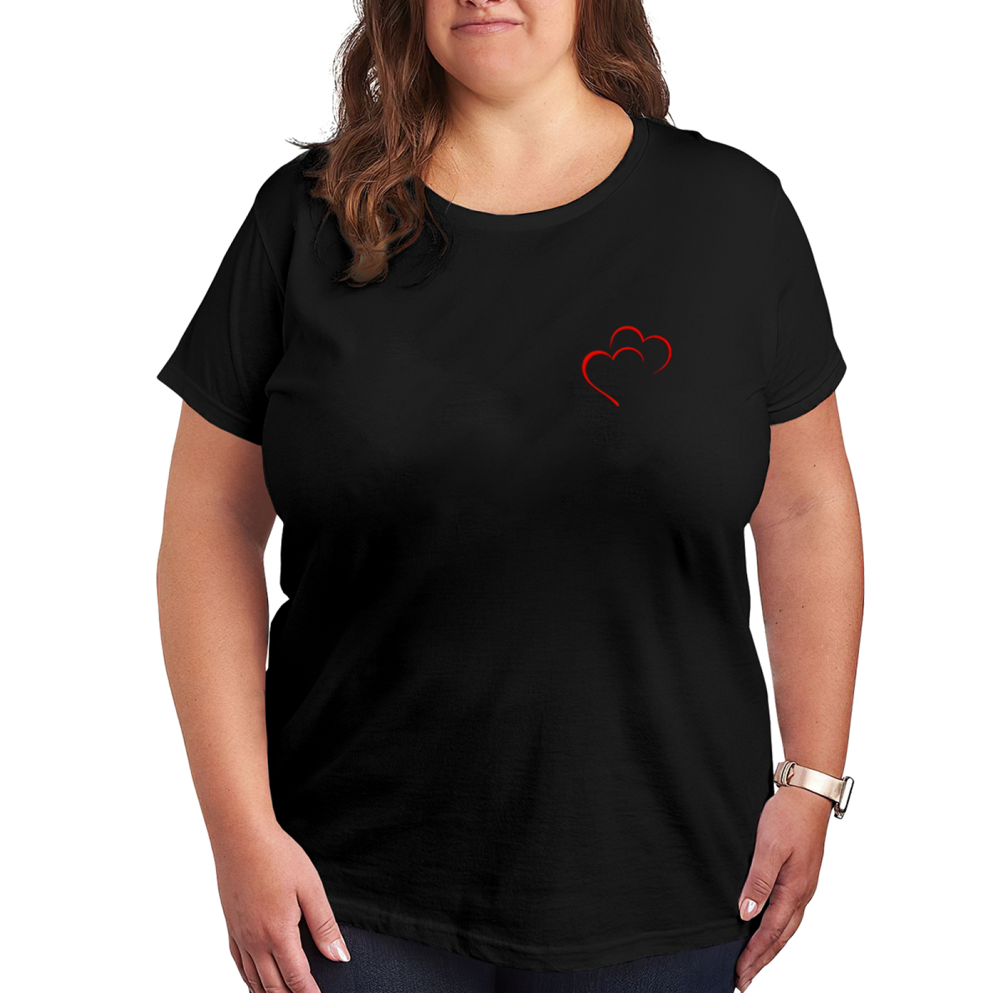 Minimalist Double Red Outline Hearts Chest Print Plus Size Women Printed T-Shirt