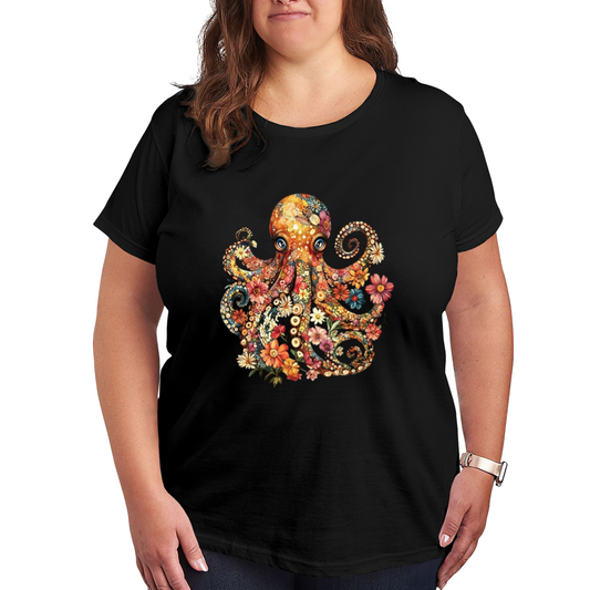 Boho Floral Octopus Vintage Art Plus Size Women Graphic Tee