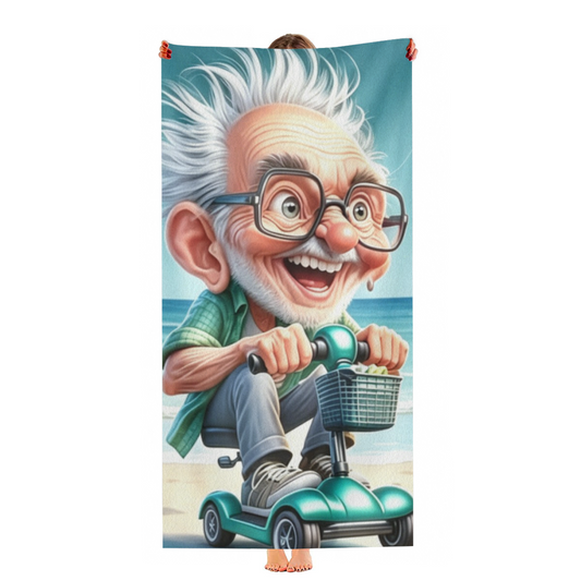 Whimsical Cartoon Grandpa Scooter Beach Towel, Cloud Soft Touch & High Water Absorbency, Multiple Length Sizes Bring Playful Comfort to Every Seaside Trip