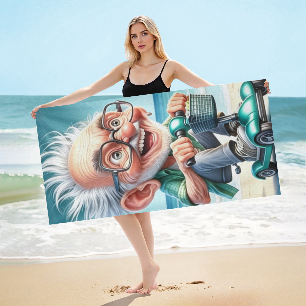 Whimsical Cartoon Grandpa Scooter Beach Towel, Cloud Soft Touch & High Water Absorbency, Multiple Length Sizes Bring Playful Comfort to Every Seaside Trip