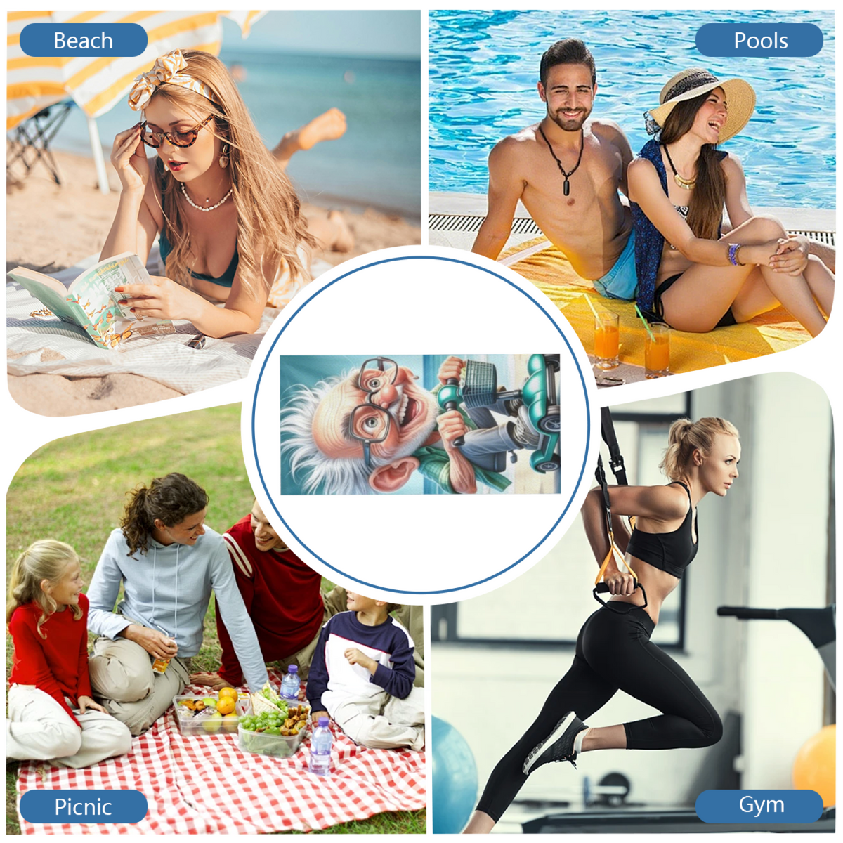 Whimsical Cartoon Grandpa Scooter Beach Towel, Cloud Soft Touch & High Water Absorbency, Multiple Length Sizes Bring Playful Comfort to Every Seaside Trip