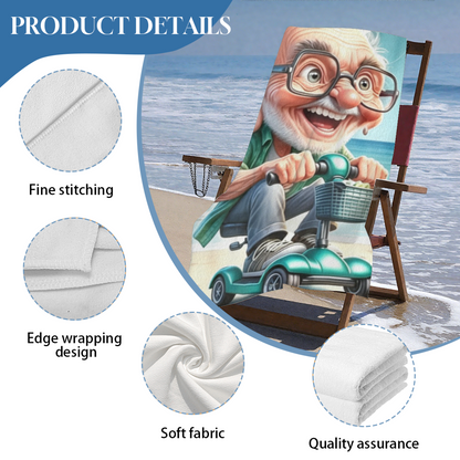 Whimsical Cartoon Grandpa Scooter Beach Towel, Cloud Soft Touch & High Water Absorbency, Multiple Length Sizes Bring Playful Comfort to Every Seaside Trip