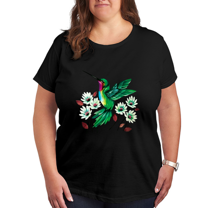Vivid Green Hummingbird White Floral Print Plus Size Women¡¯s Casual T-Shirt