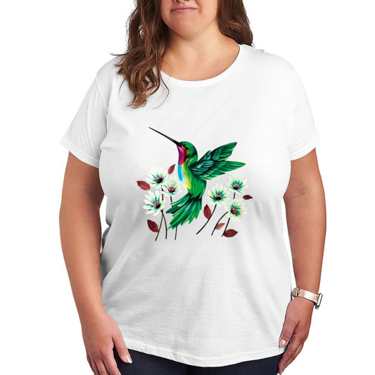 Vivid Green Hummingbird White Floral Print Plus Size Women¡¯s Casual T-Shirt