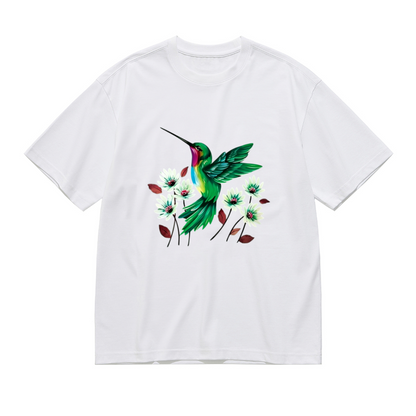 Vivid Green Hummingbird White Floral Print Plus Size Women¡¯s Casual T-Shirt