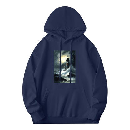 Storm Lighthouse Oil Painting Graphic Hoodie, Relaxed Cozy Navy Pullover Hoodie